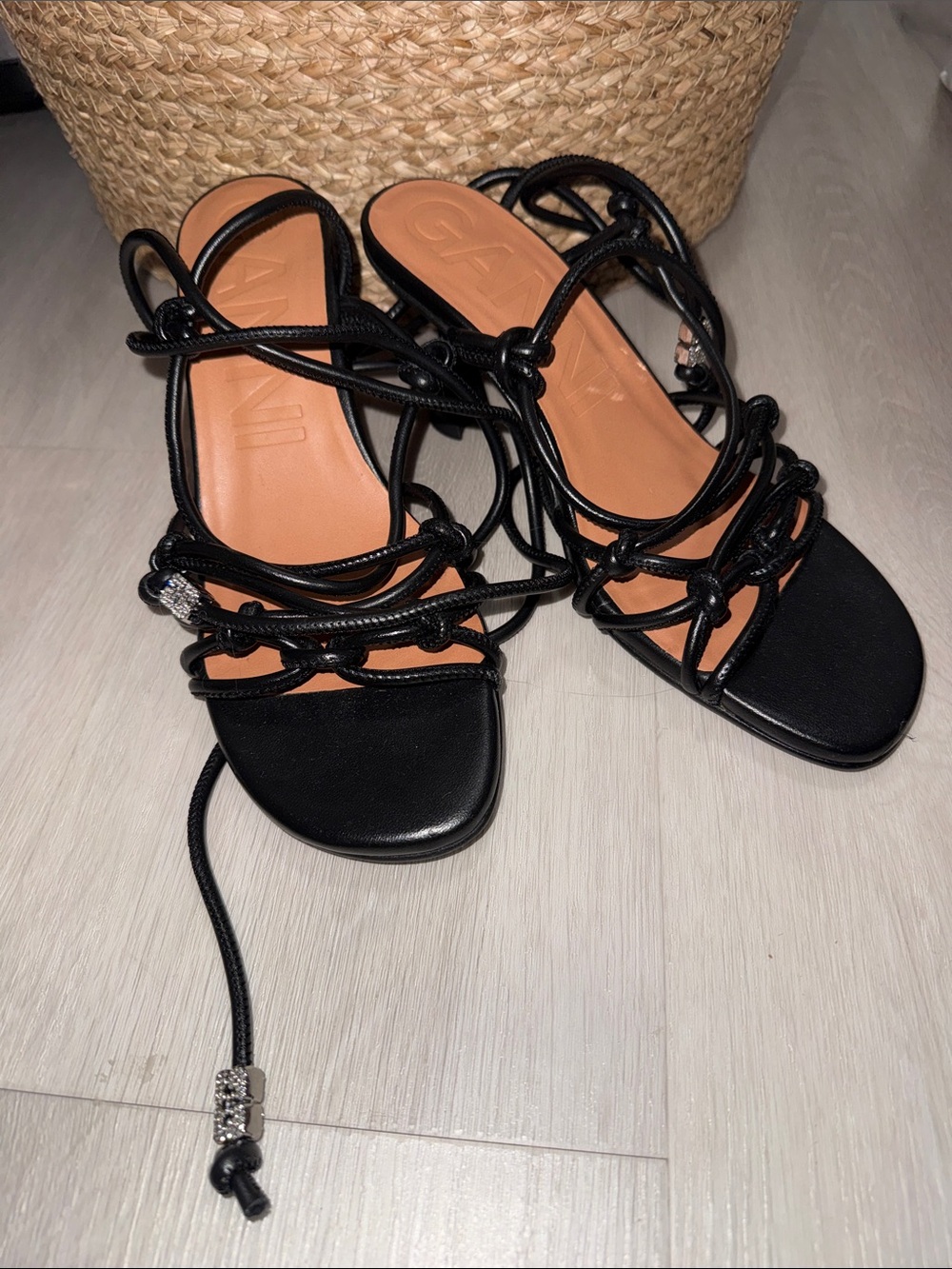 Ganni Black Strappy Lace-Up Sandals with Crystal Accents